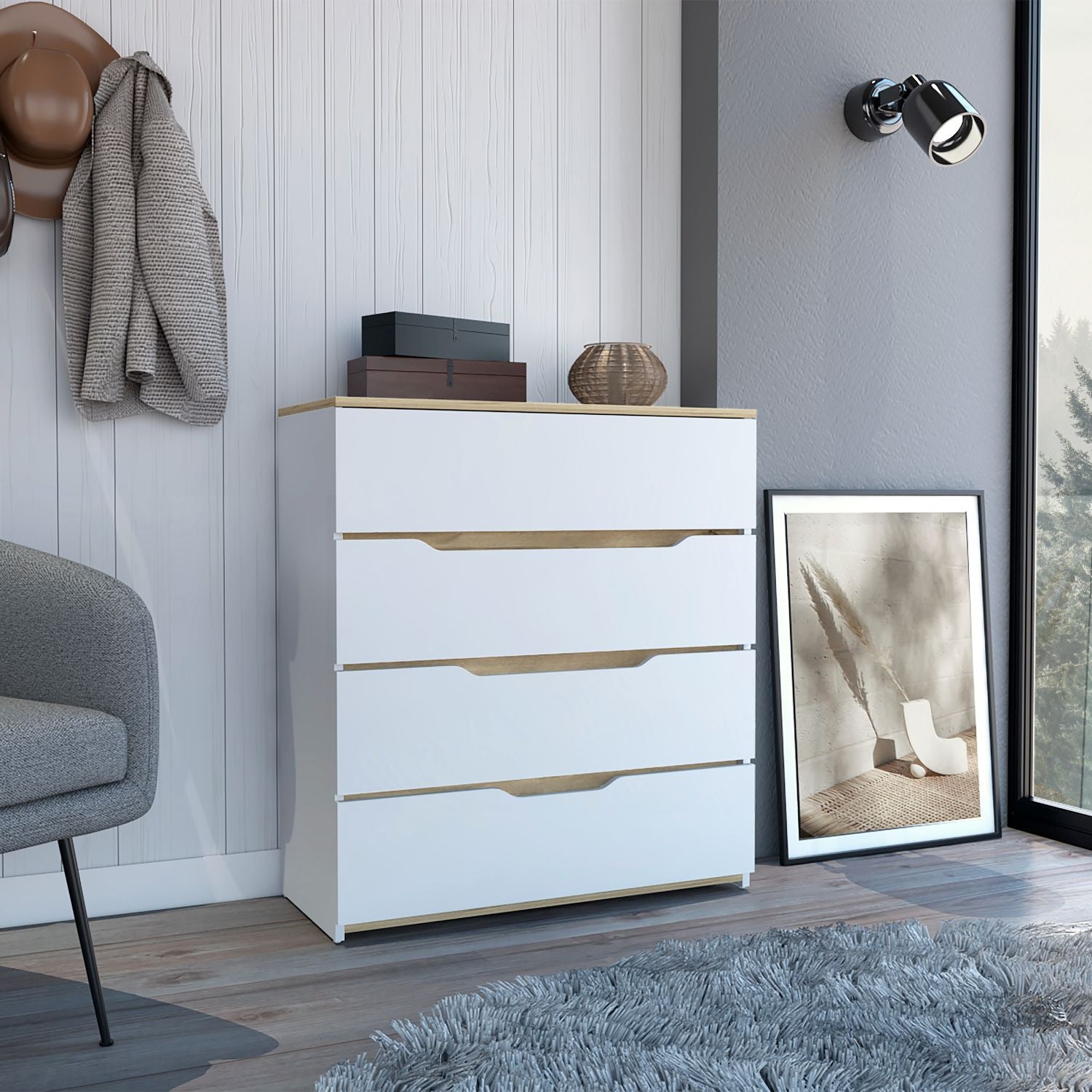 32" White and Natural Four Drawer Dresser