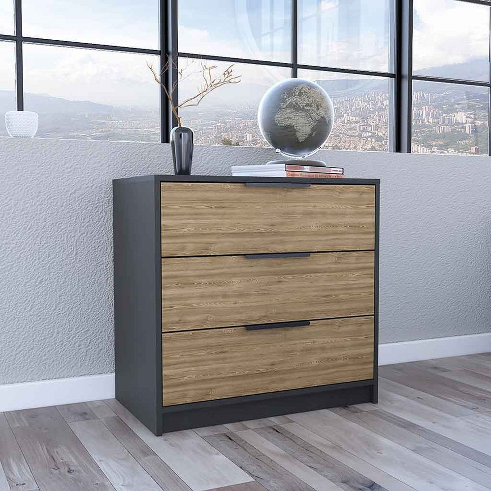 28" Natural And Black Wood Three Drawer Dresser