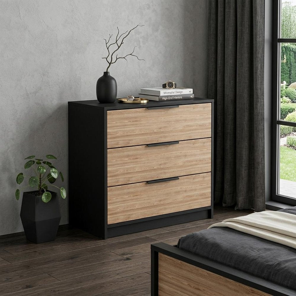 28" Natural And Black Wood Three Drawer Dresser