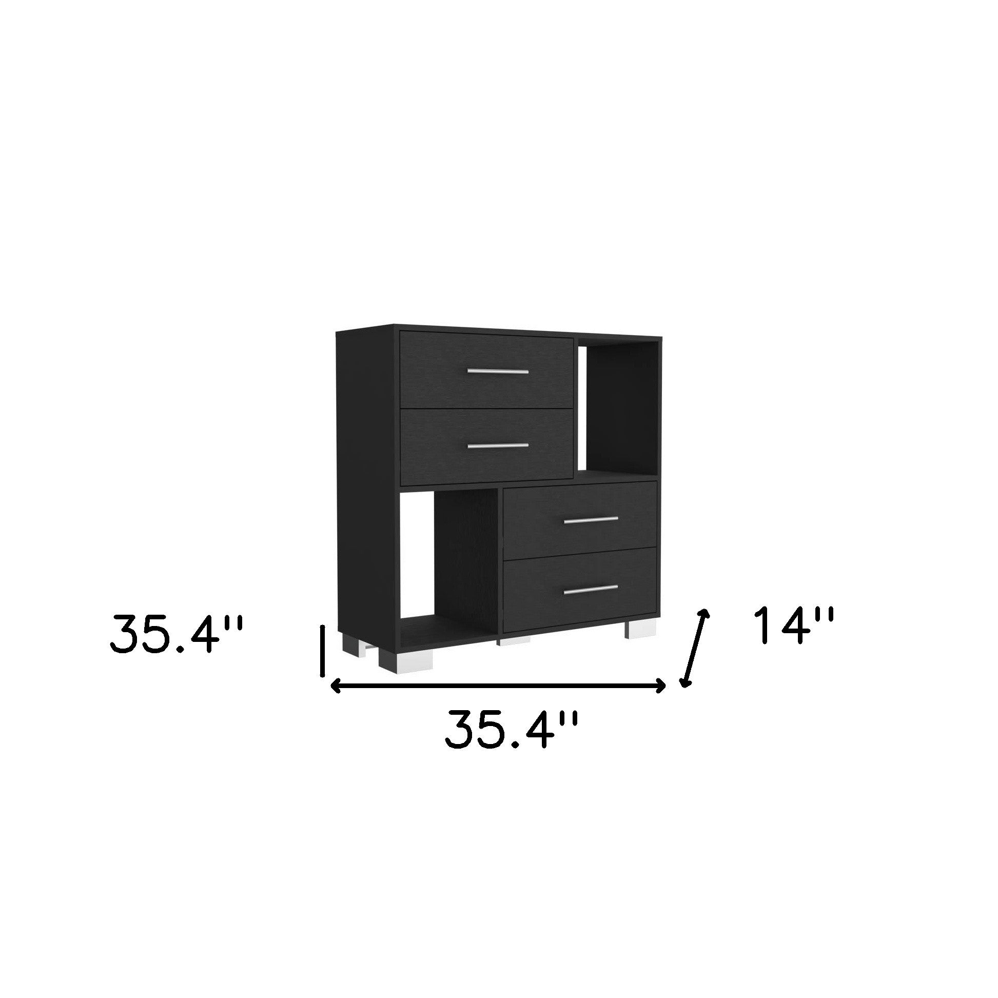 35" Black Four Drawer Dresser With Open Cubby Space