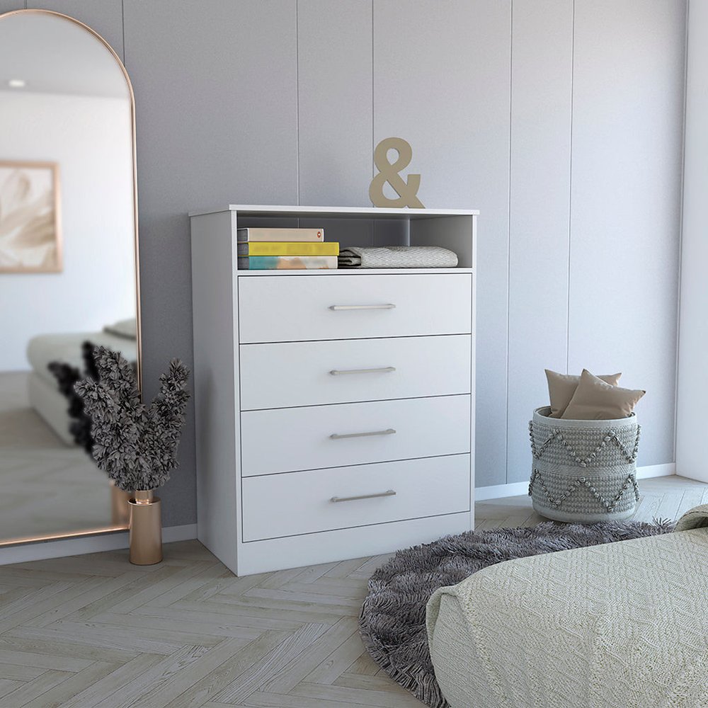 31" White Four Drawer Dresser With Open Shelf