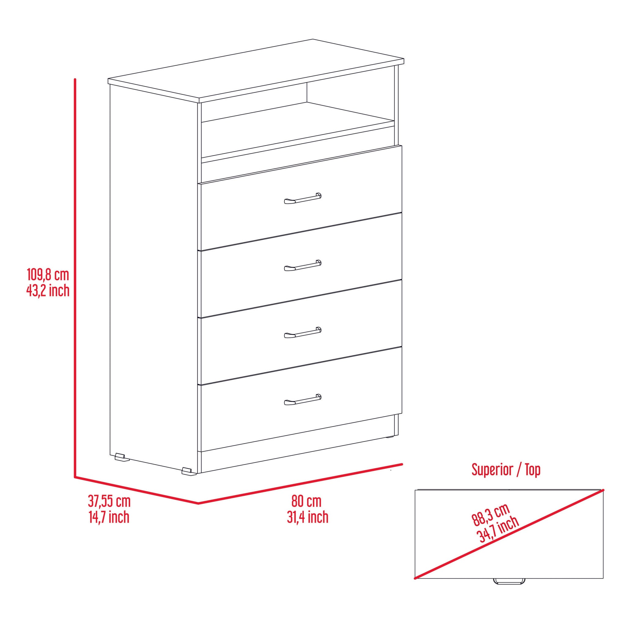 31" White Four Drawer Dresser With Open Shelf