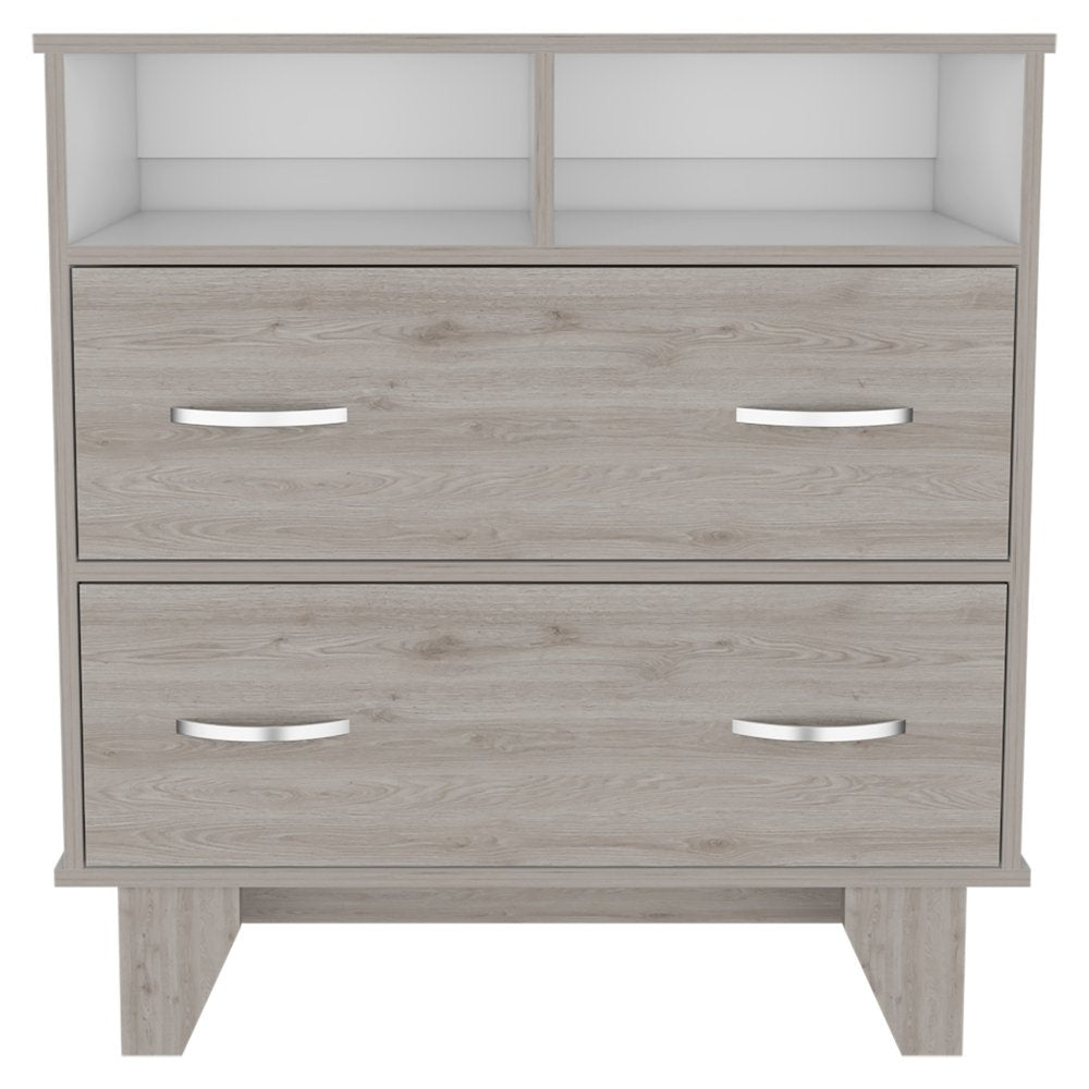 32" Light Gray Two Drawer Dresser With Open Shelving