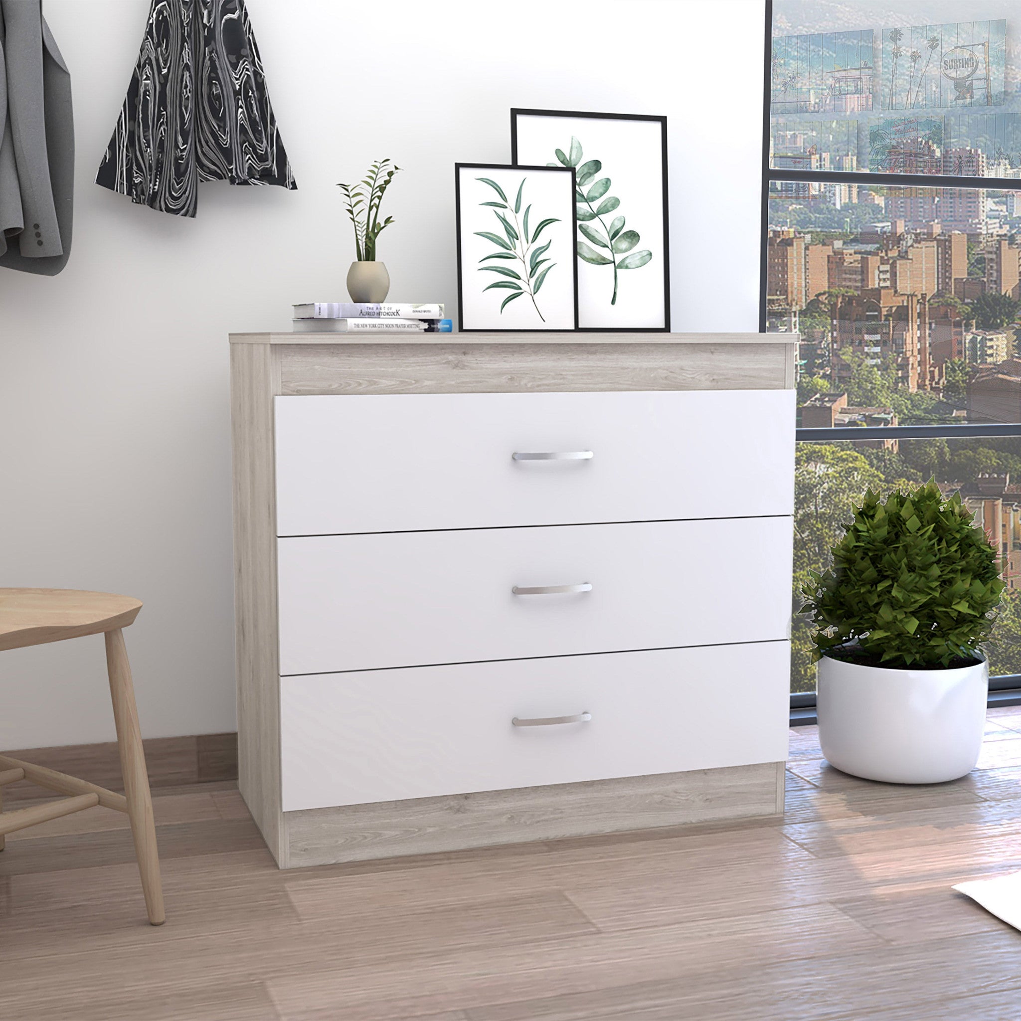 32" White and Gray Three Drawer Dresser