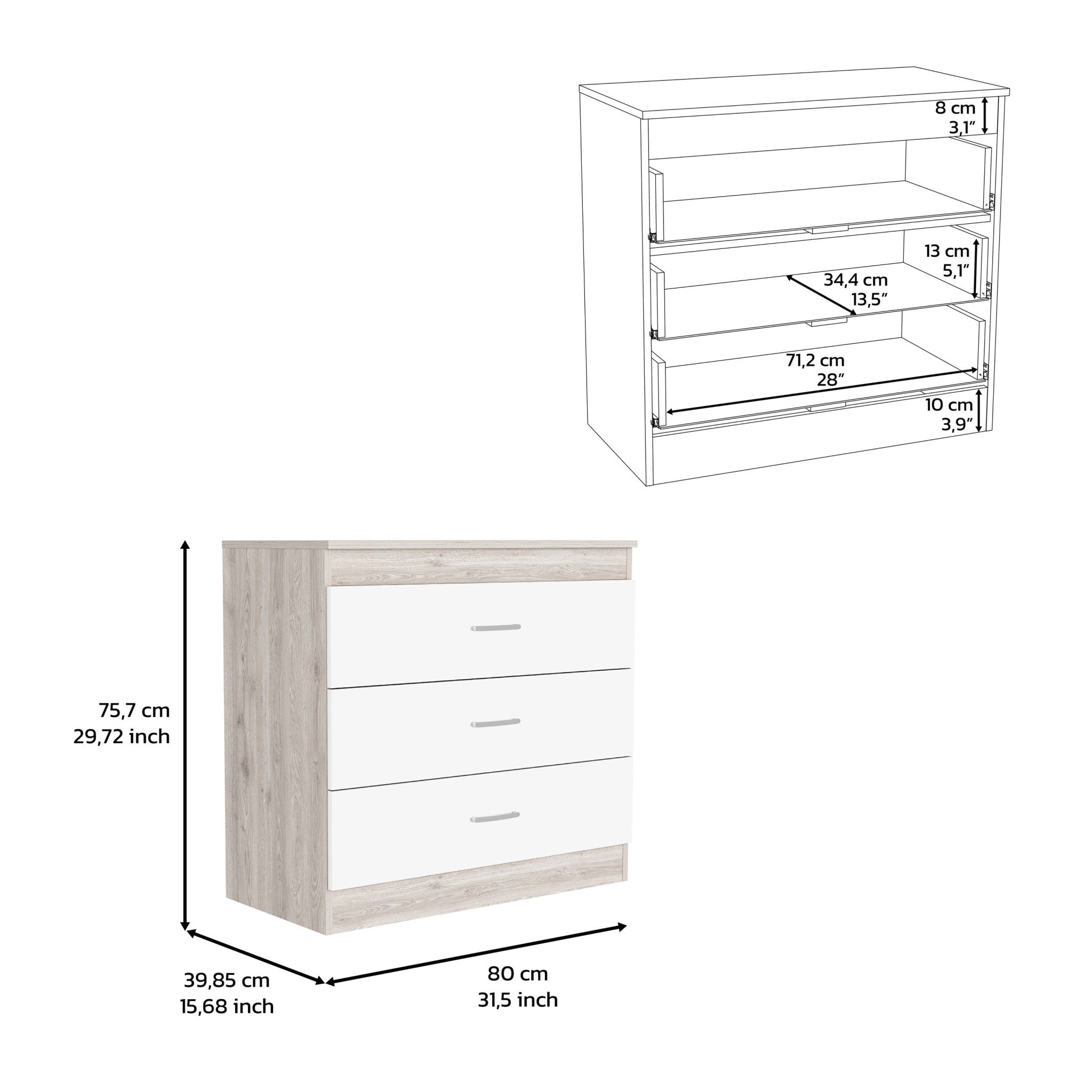 32" White and Gray Three Drawer Dresser