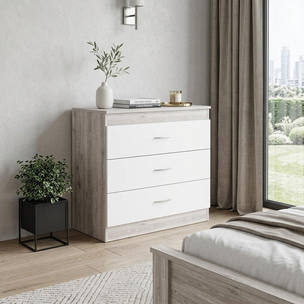32" White And Gray Wood Three Drawer Dresser