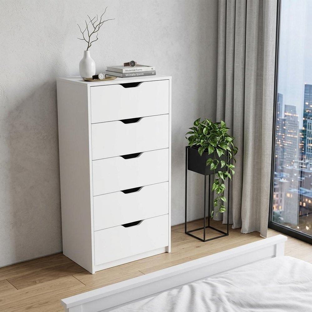 18" White Wood Five Drawer Dresser