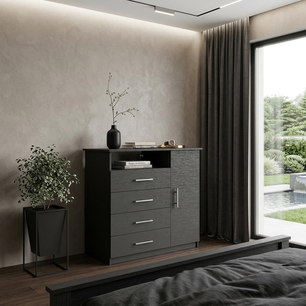 35" Black Wood Four Drawer Combo Dresser