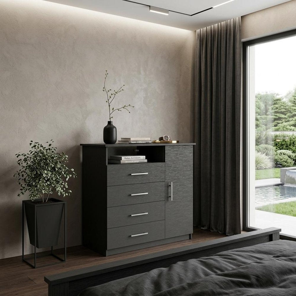 35" Black Wood Four Drawer Combo Dresser