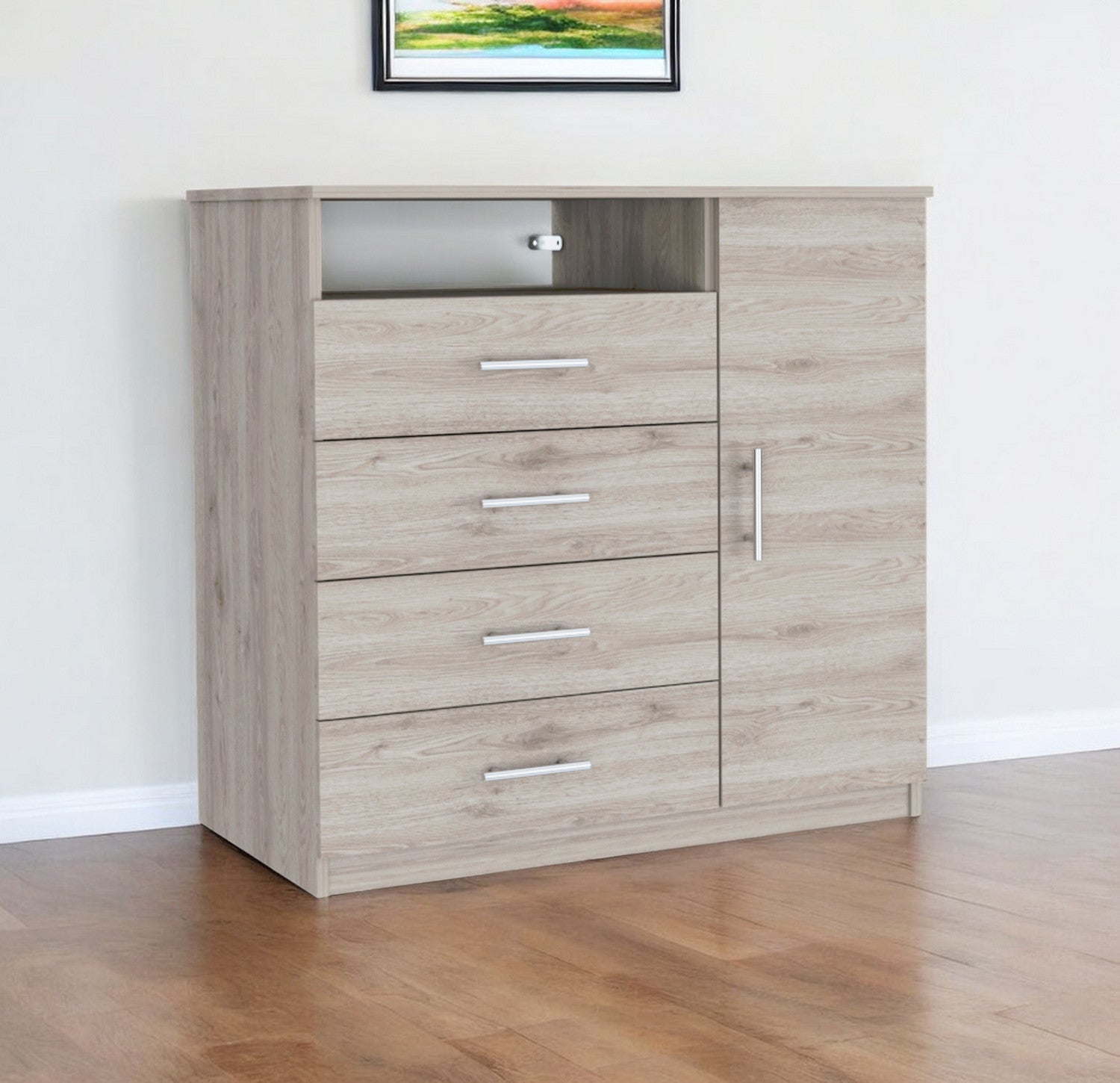 36" Light Gray Four Drawer Combo Dresser With Open Shelf