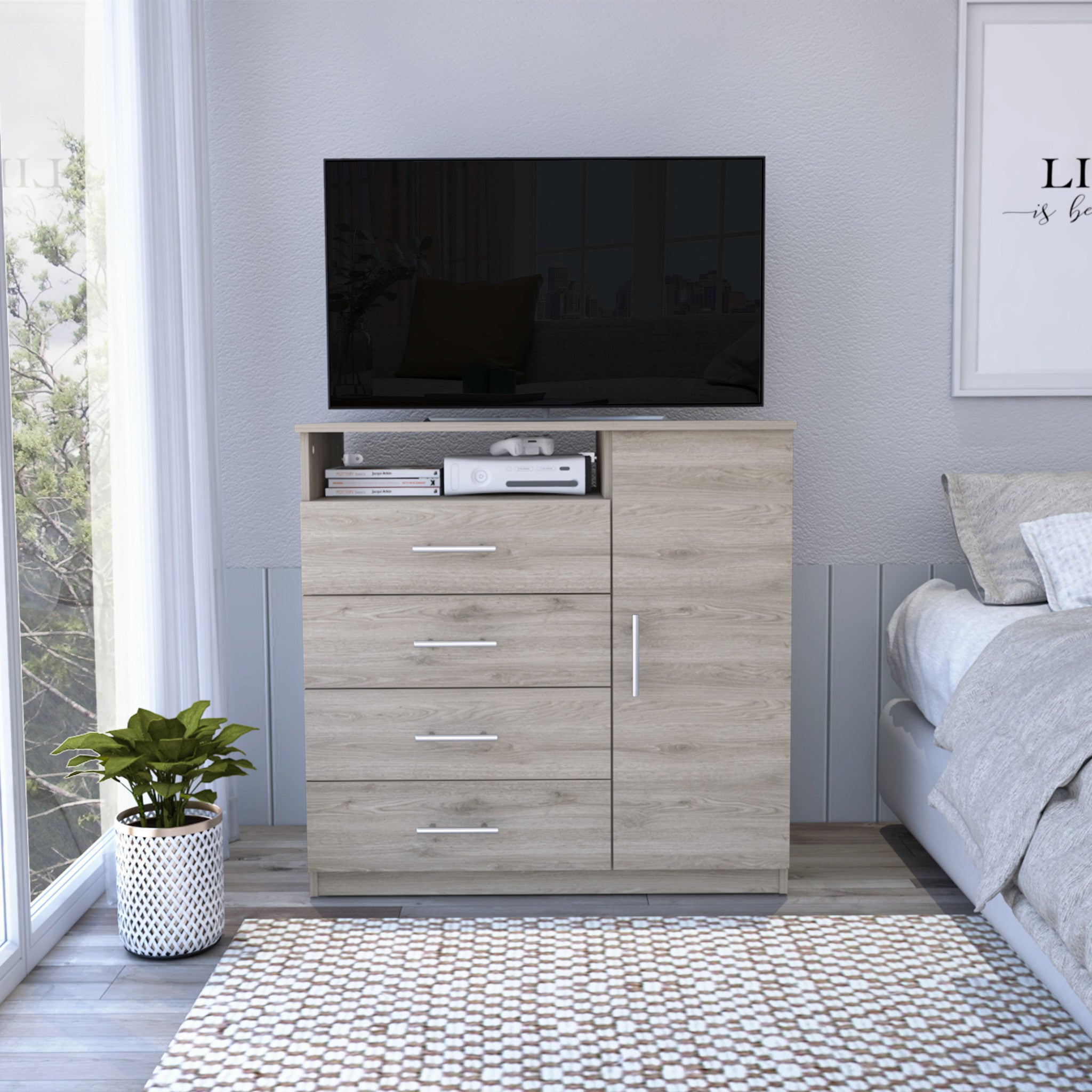 36" Light Gray Four Drawer Combo Dresser With Open Shelf