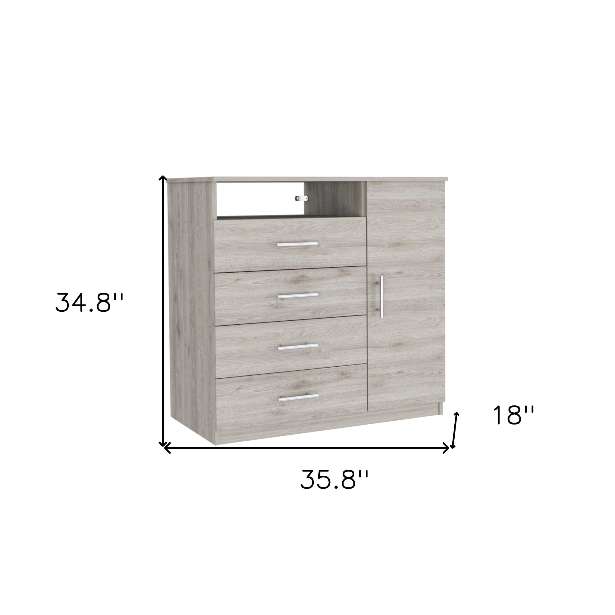 36" Light Gray Four Drawer Combo Dresser With Open Shelf