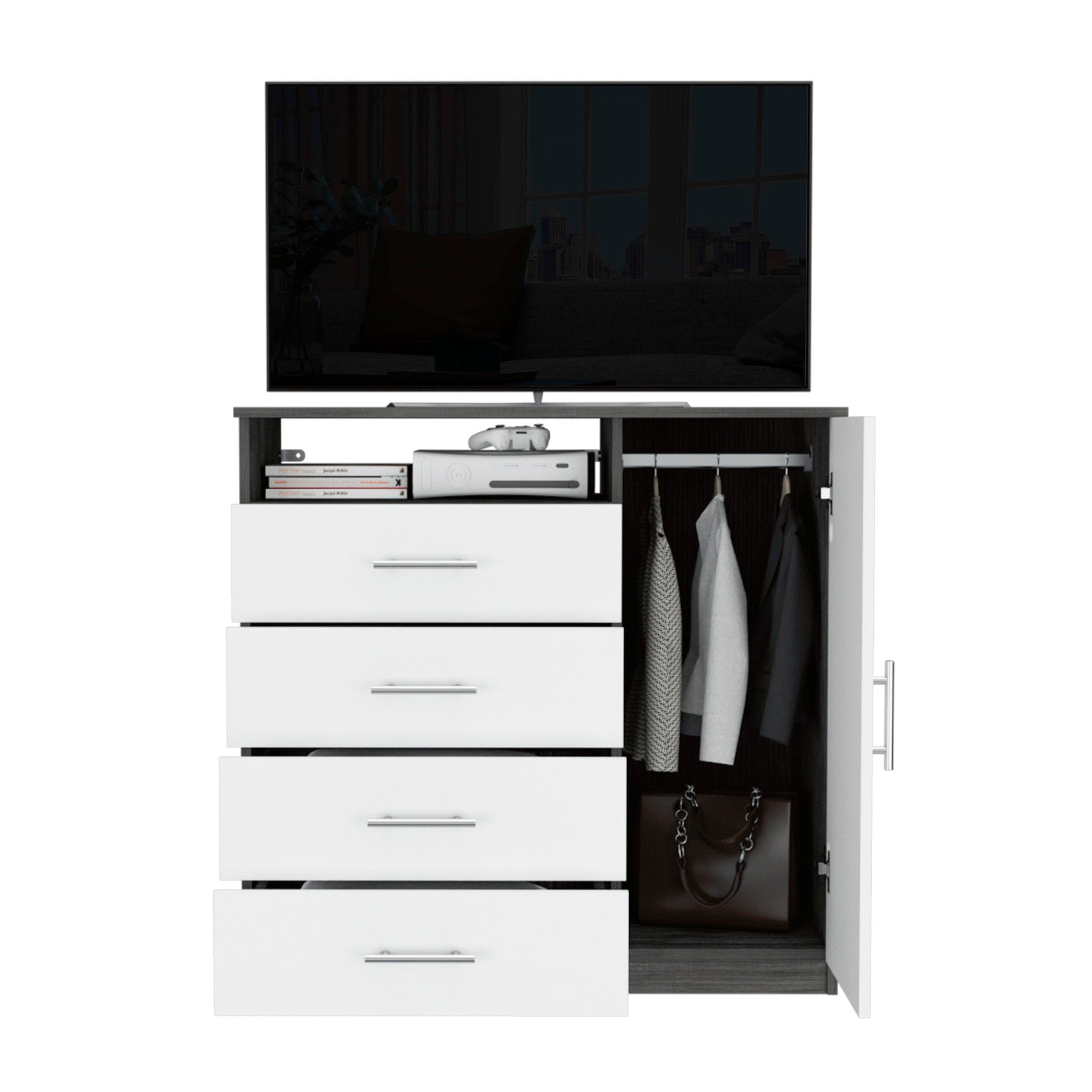 36" White and Gray Four Drawer Combo Dresser With Open Shelf