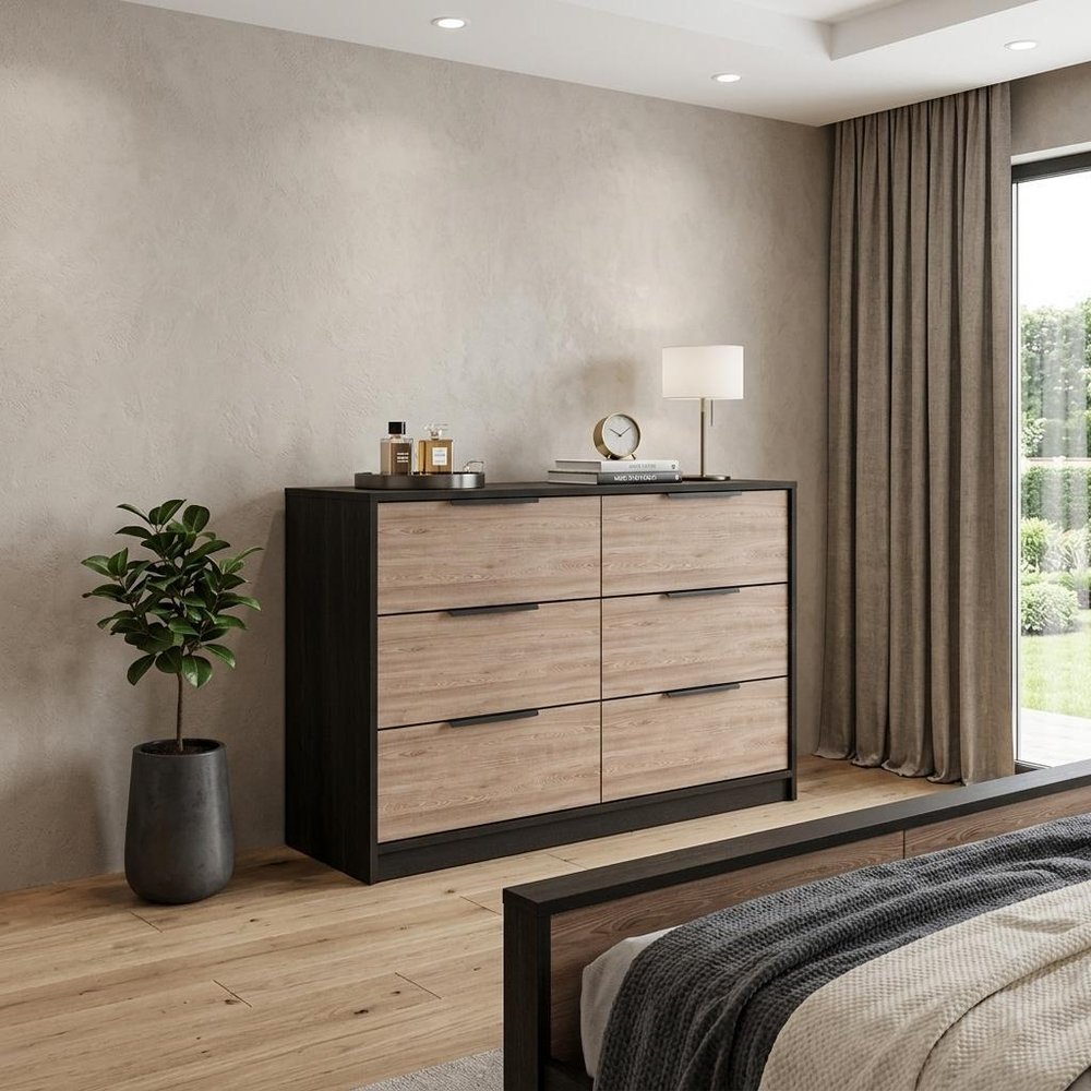 42" Brown And Black Wood Six Drawer Double Dresser