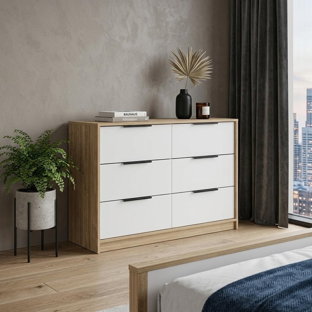 42" White And Natural Wood Six Drawer Double Dresser