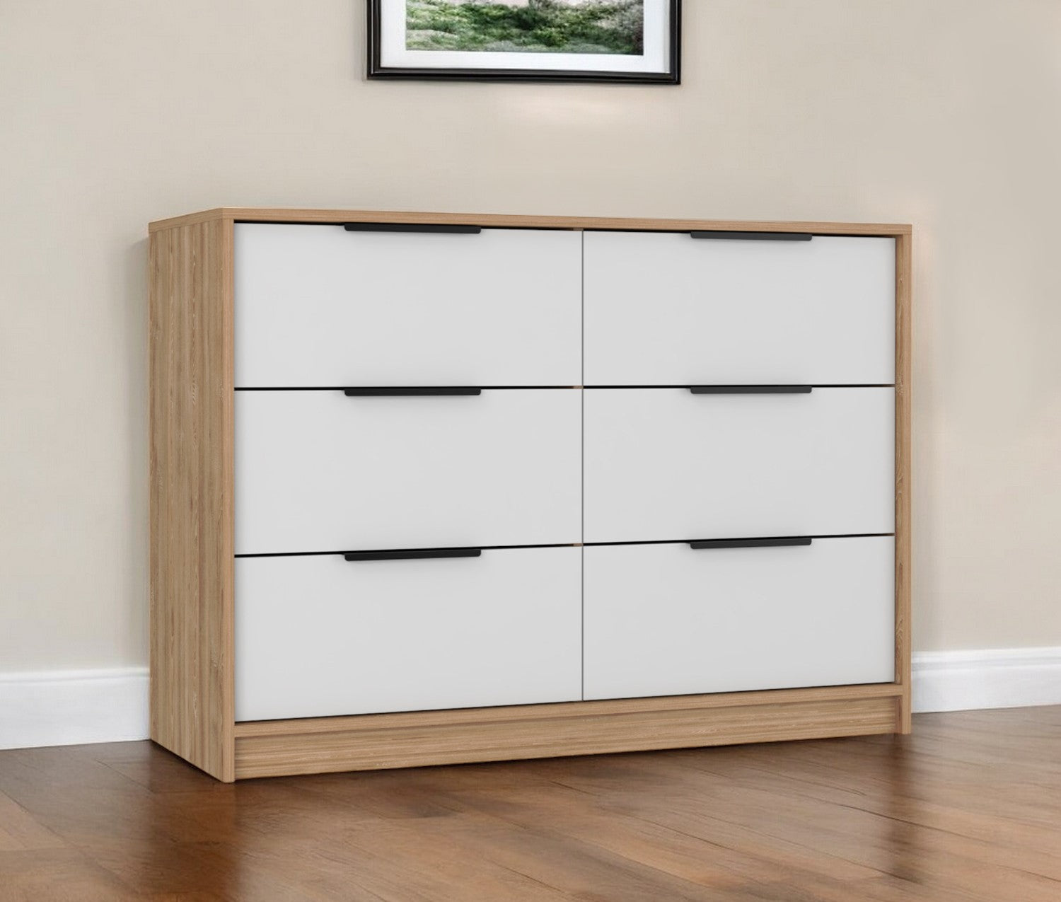 42" White and Natural Six Drawer Double Dresser