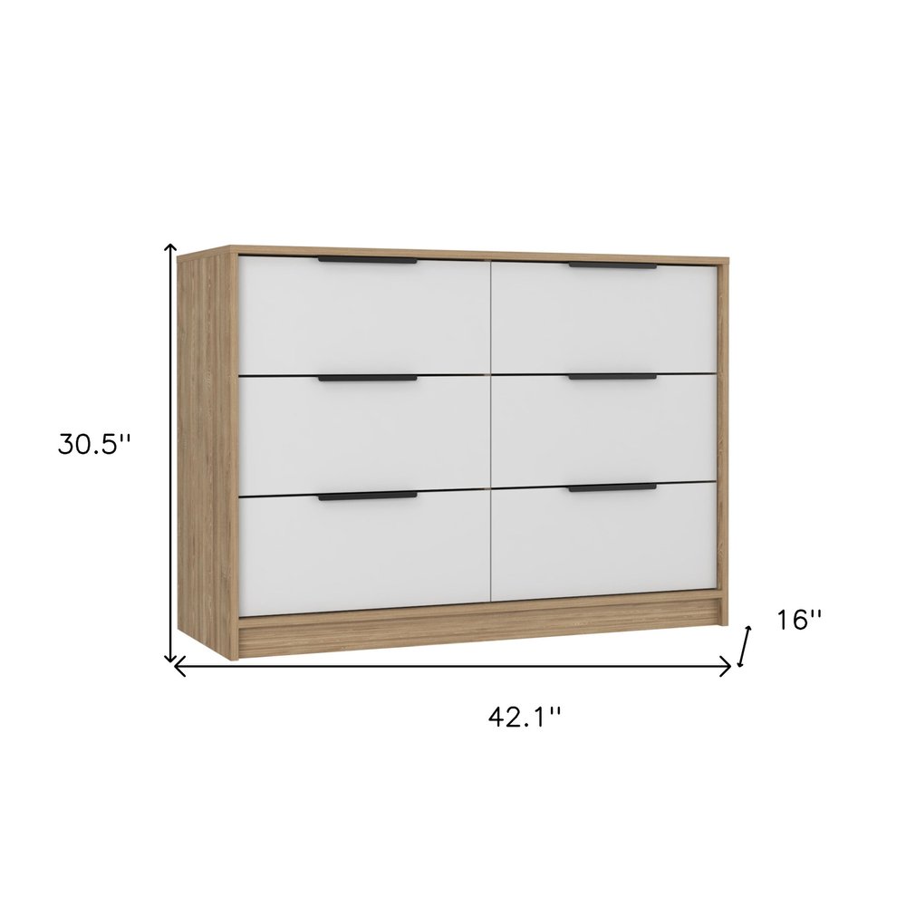 42" White And Natural Wood Six Drawer Double Dresser