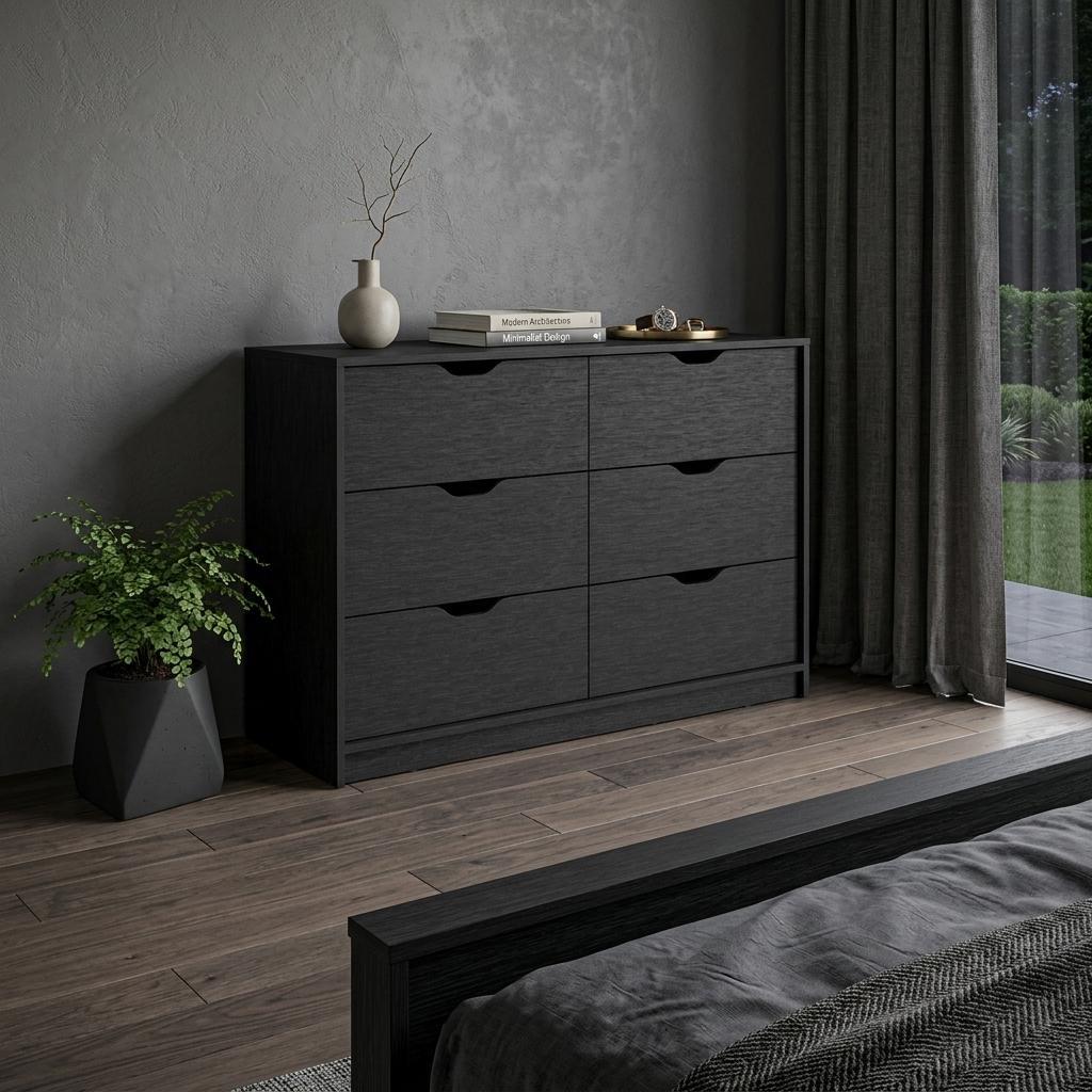 42" Black Wood Six Drawer Double Dresser