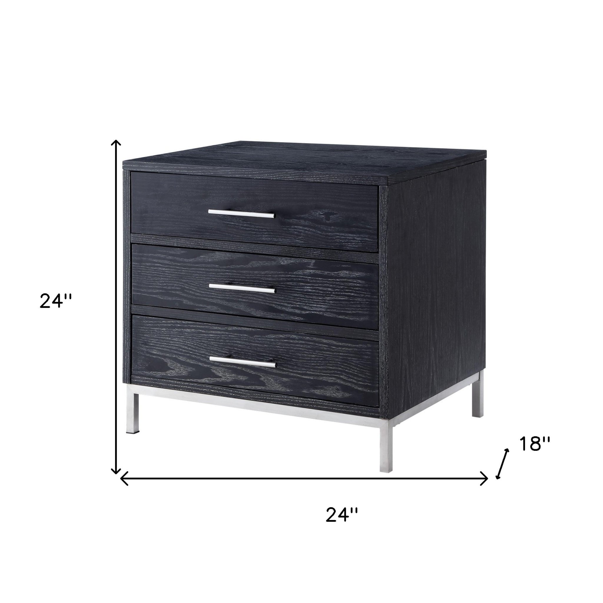24" Silver Metallic and Black Veneer End Table with Three Drawers