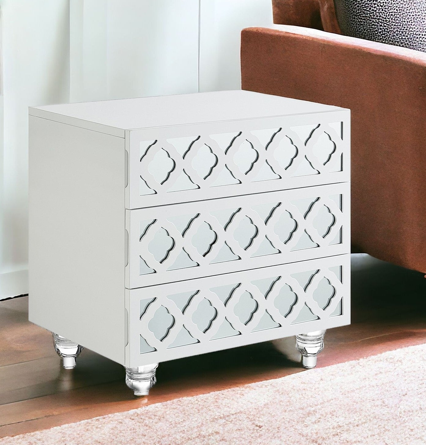 24" Clear and White Mirrored End Table with Three Drawers