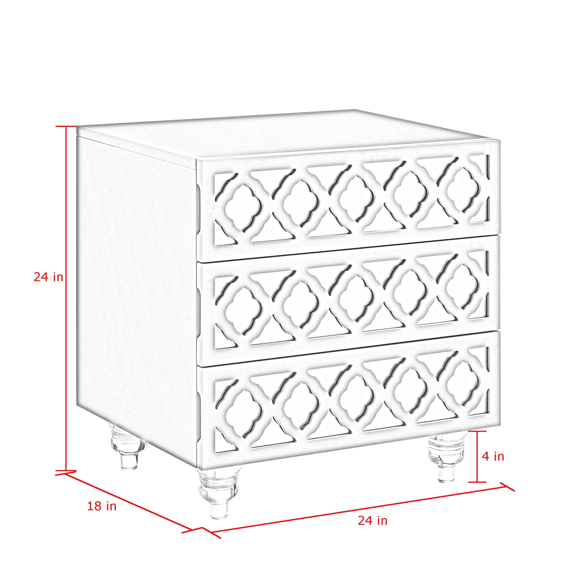 24" Clear and White Mirrored End Table with Three Drawers