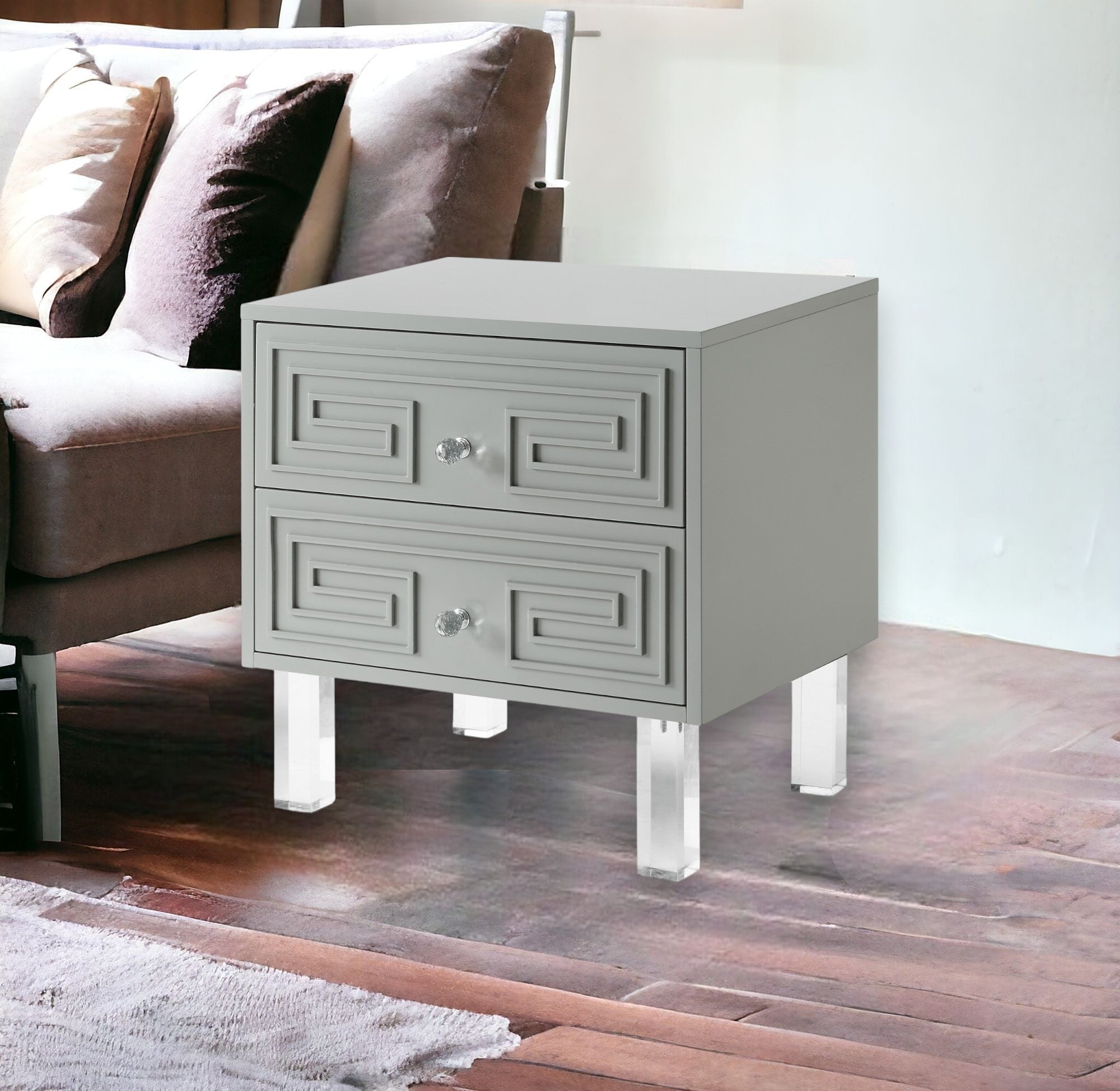 24" Clear and Light Gray End Table with Two Drawers