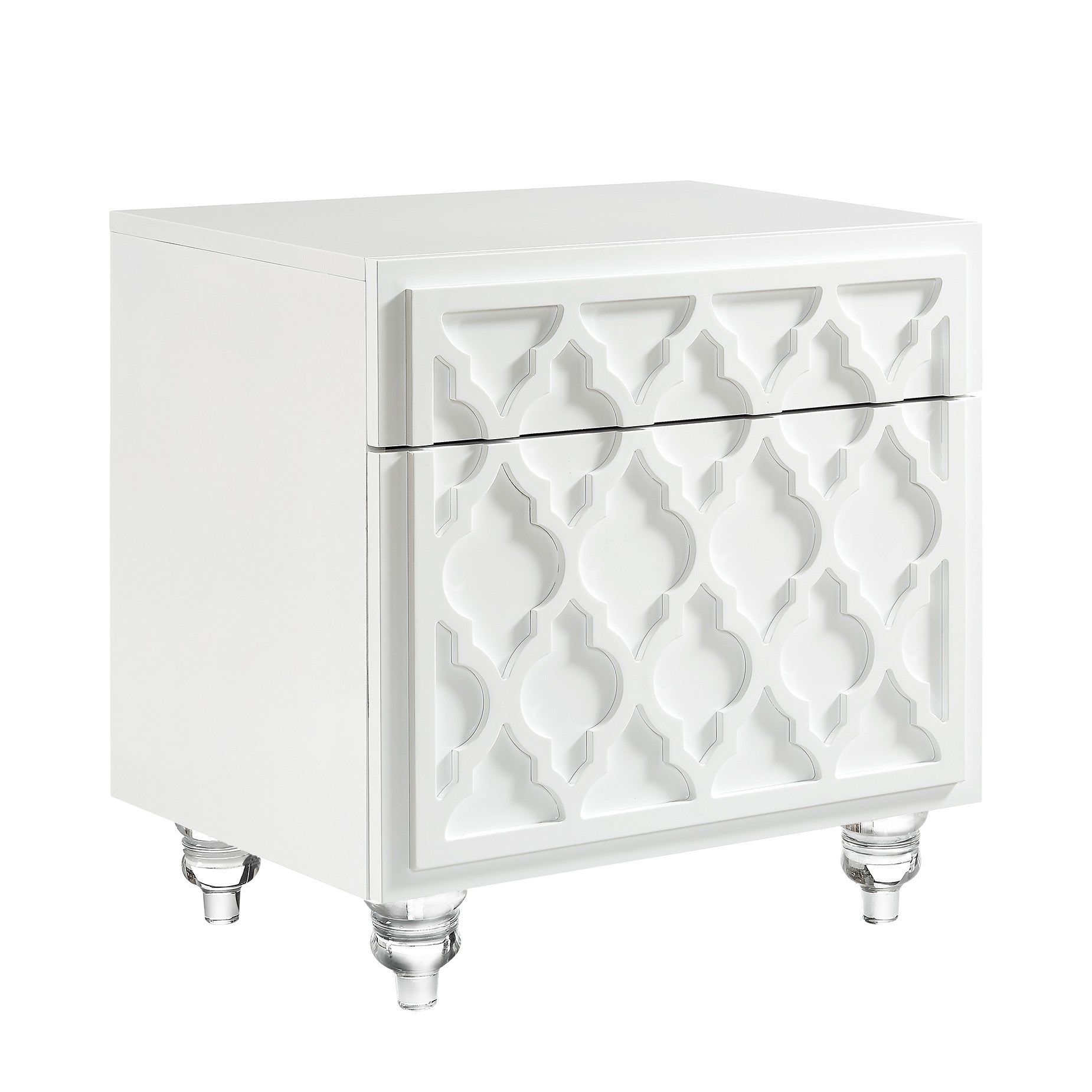 24" Clear and White End Table with Drawer and shelf