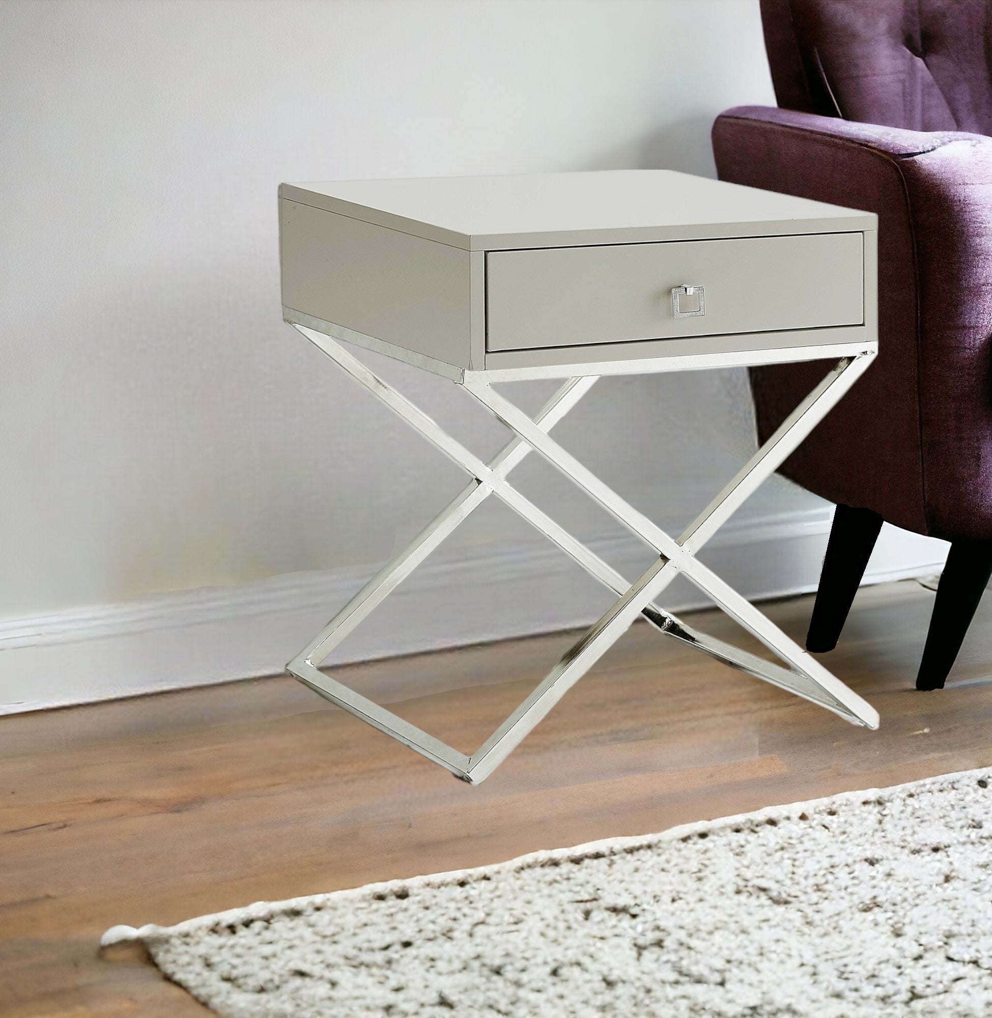25" Silver and White End Table with Drawer