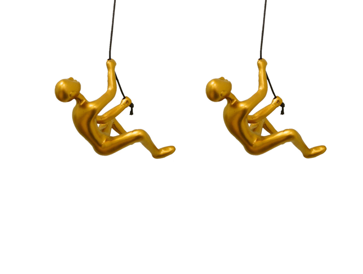 Set of Two Gold Resin Climbing Man Hanging Dimensional Sculpture
