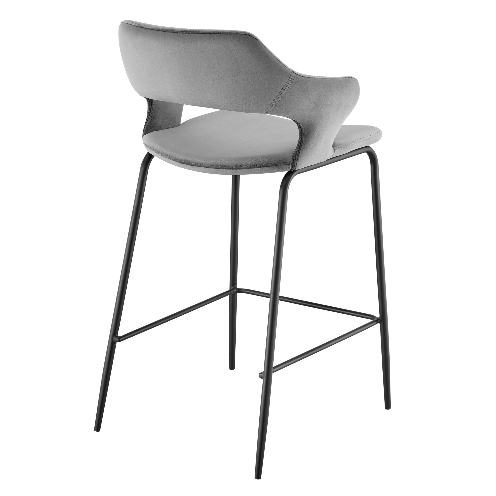 26" Gray and Black Velvet and Steel Low Back Counter Height Bar Chair
