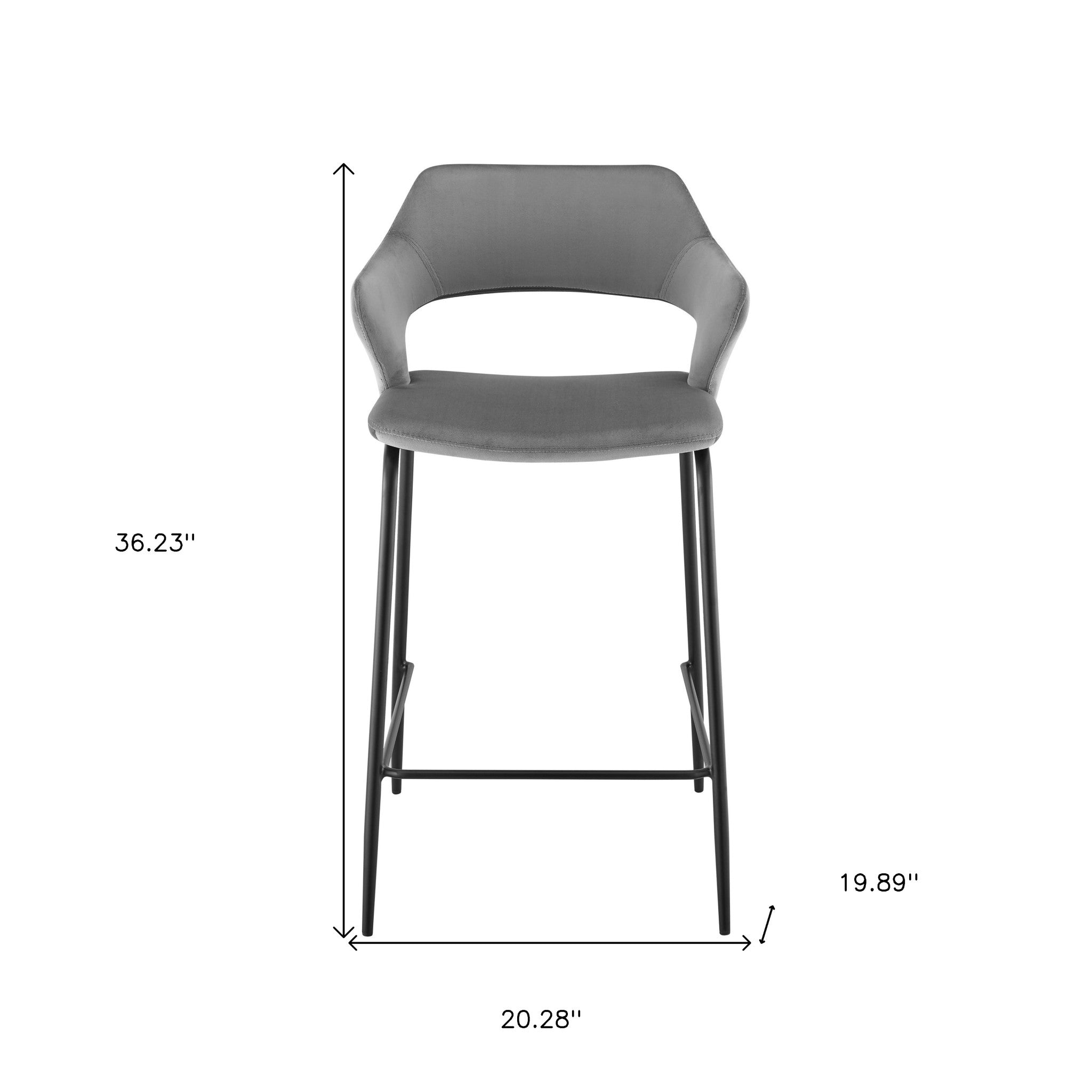 26" Gray and Black Velvet and Steel Low Back Counter Height Bar Chair