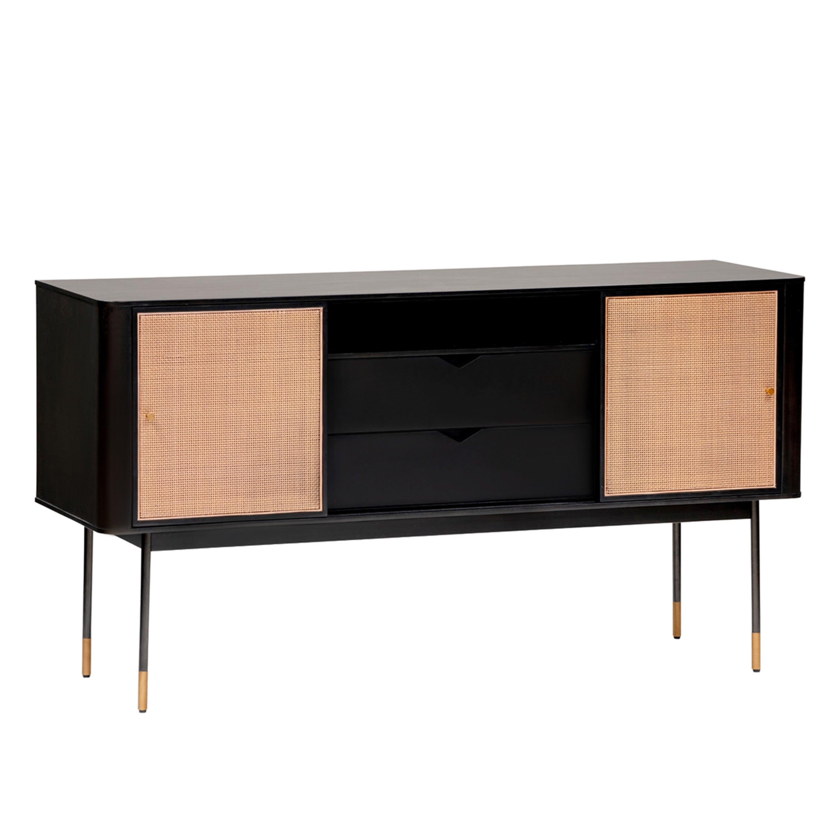 59" Black And Natural Wood Two Drawer Sideboard with Two Sliding Doors