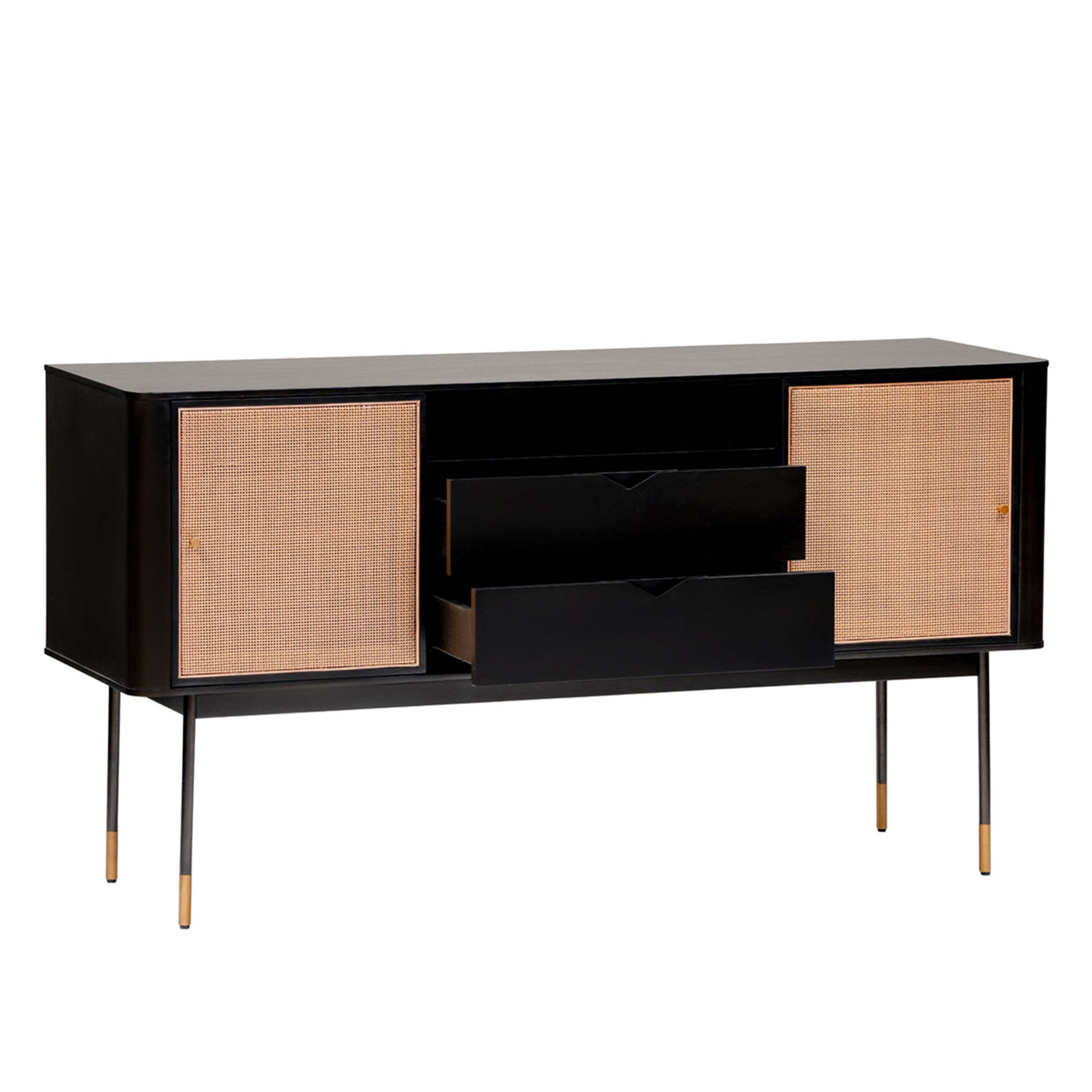 59" Black And Natural Wood Two Drawer Sideboard with Two Sliding Doors
