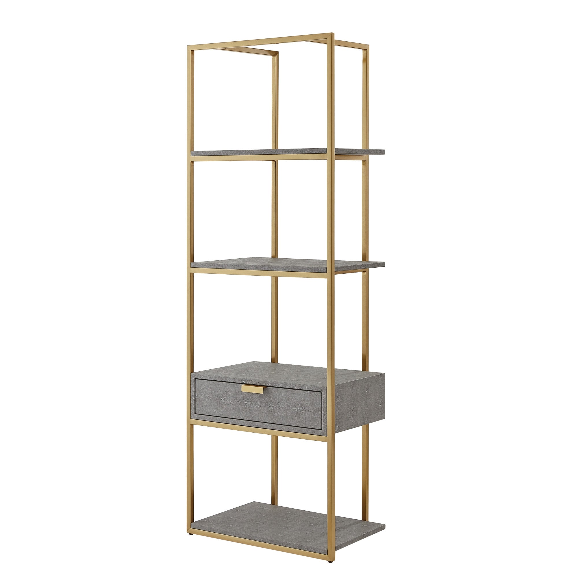 68" Gray Stainless Steel Four Tier Etagere Bookcase with a drawer