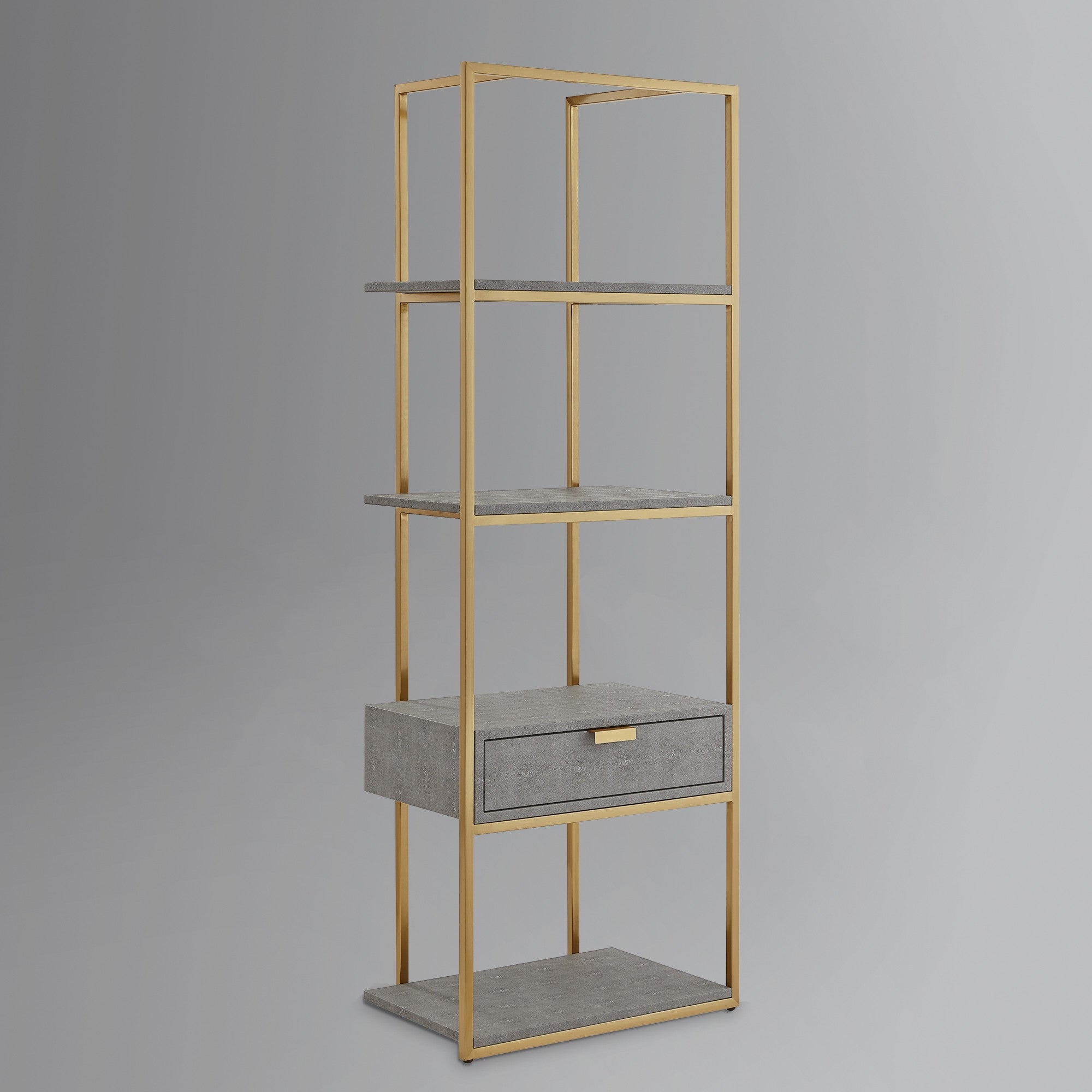68" Gray Stainless Steel Four Tier Etagere Bookcase with a drawer