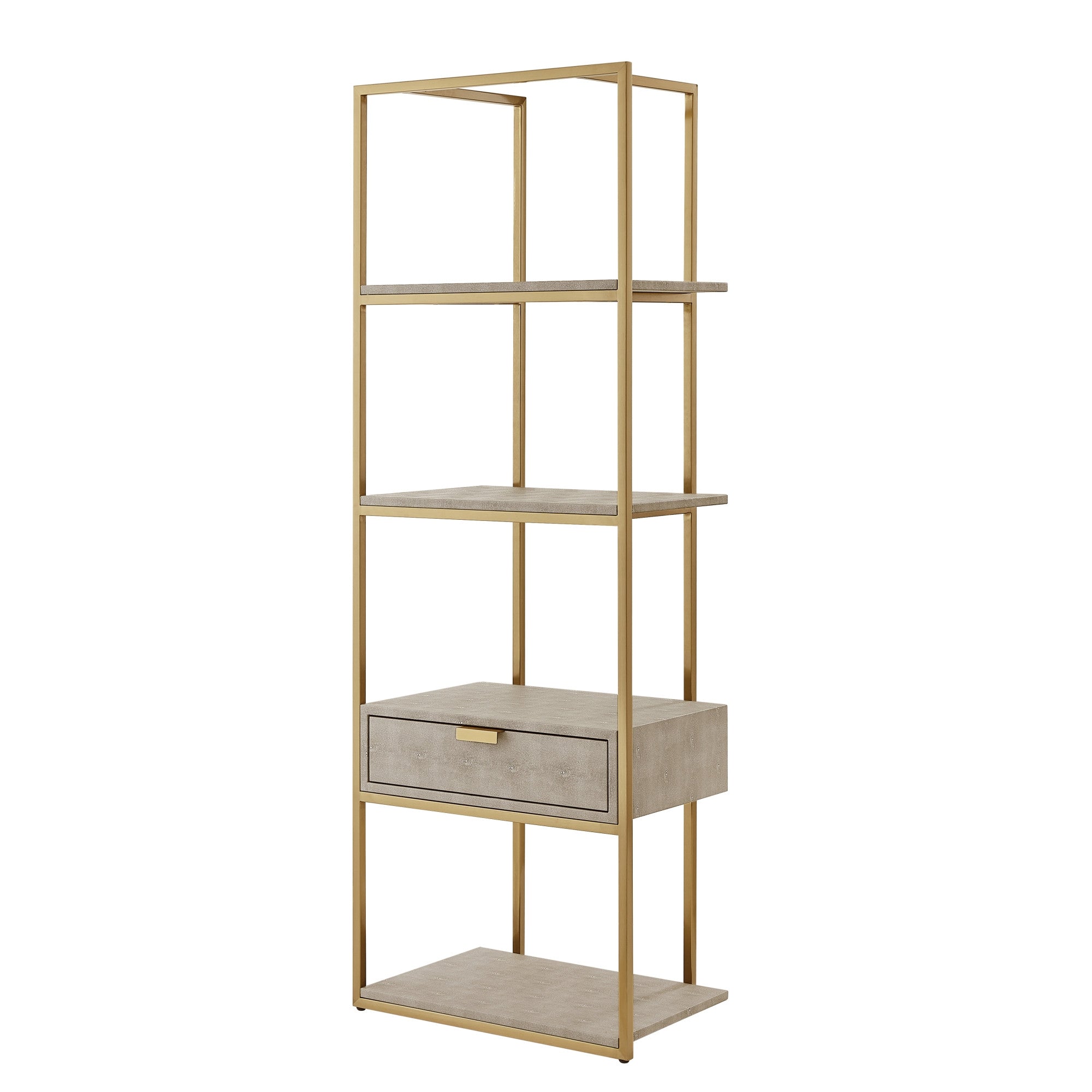 68" Cream Stainless Steel Four Tier Etagere Bookcase with a drawer
