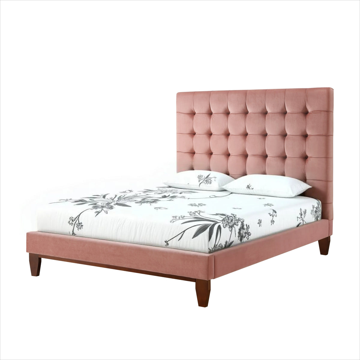 Blush Solid Wood Queen Tufted Upholstered Velvet Bed