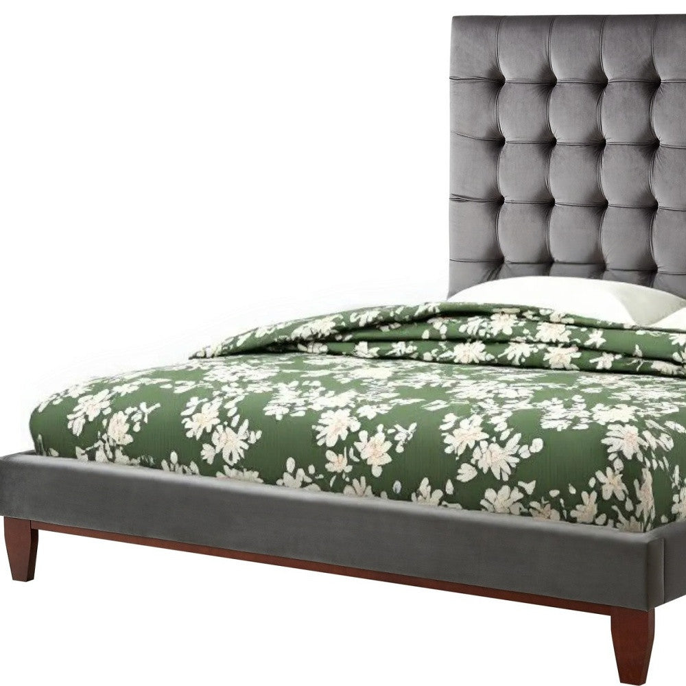 Gray Solid Wood King Tufted Upholstered Velvet Bed
