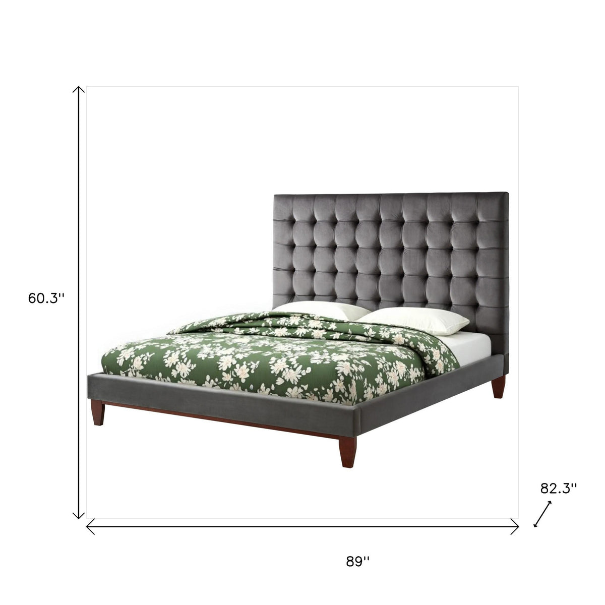 Gray Solid Wood King Tufted Upholstered Velvet Bed