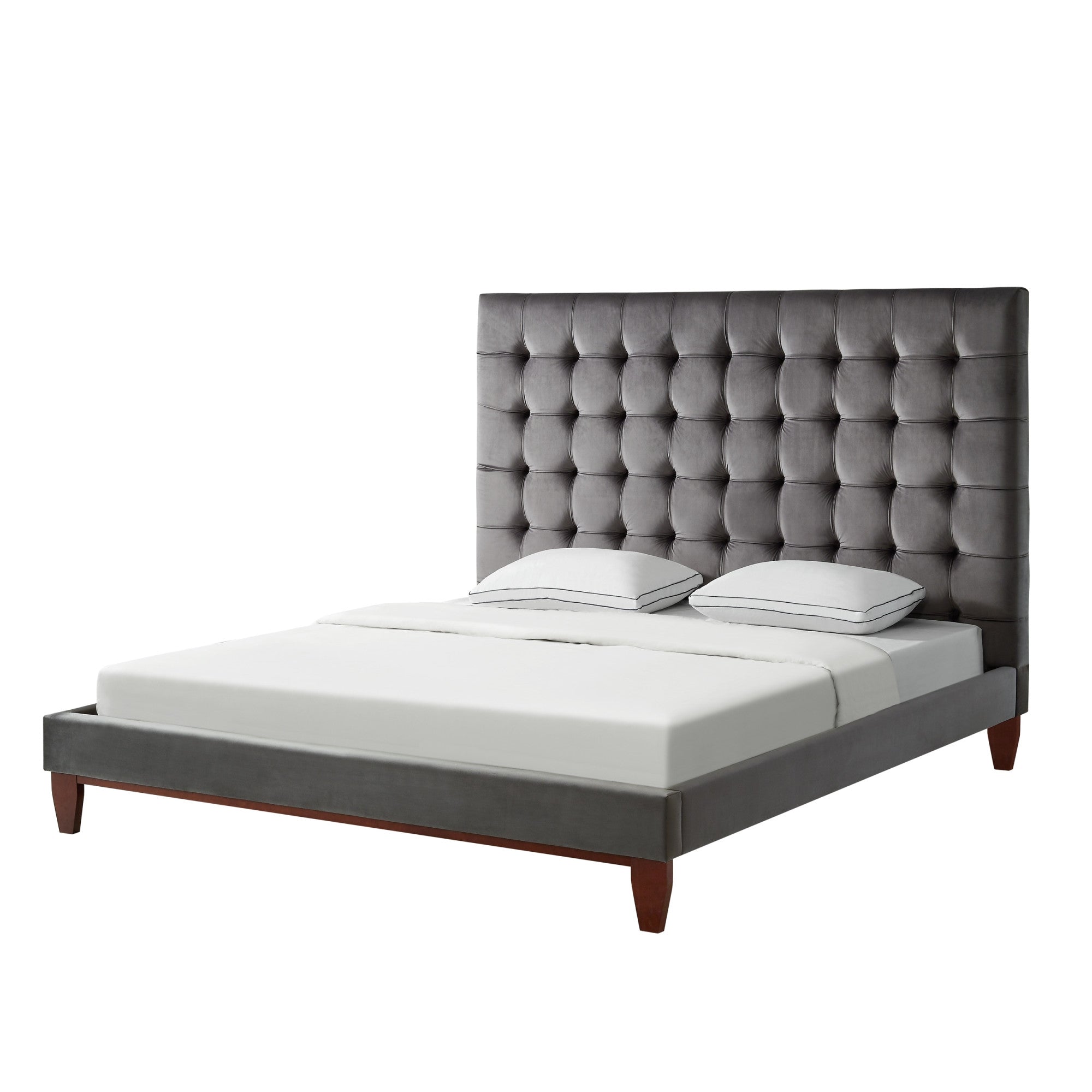 Gray Solid Wood King Tufted Upholstered Velvet Bed