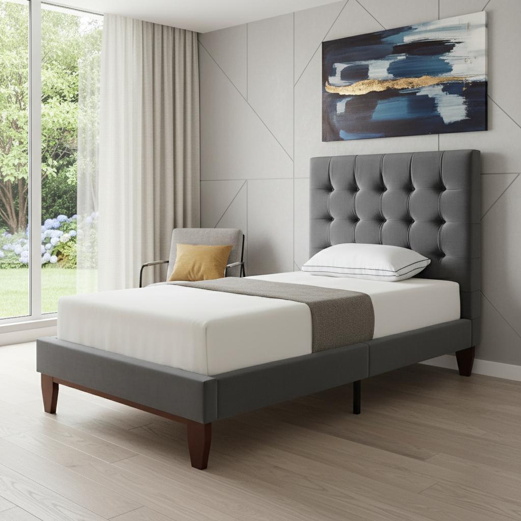 Gray Solid Wood Twin Tufted Upholstered Velvet Bed