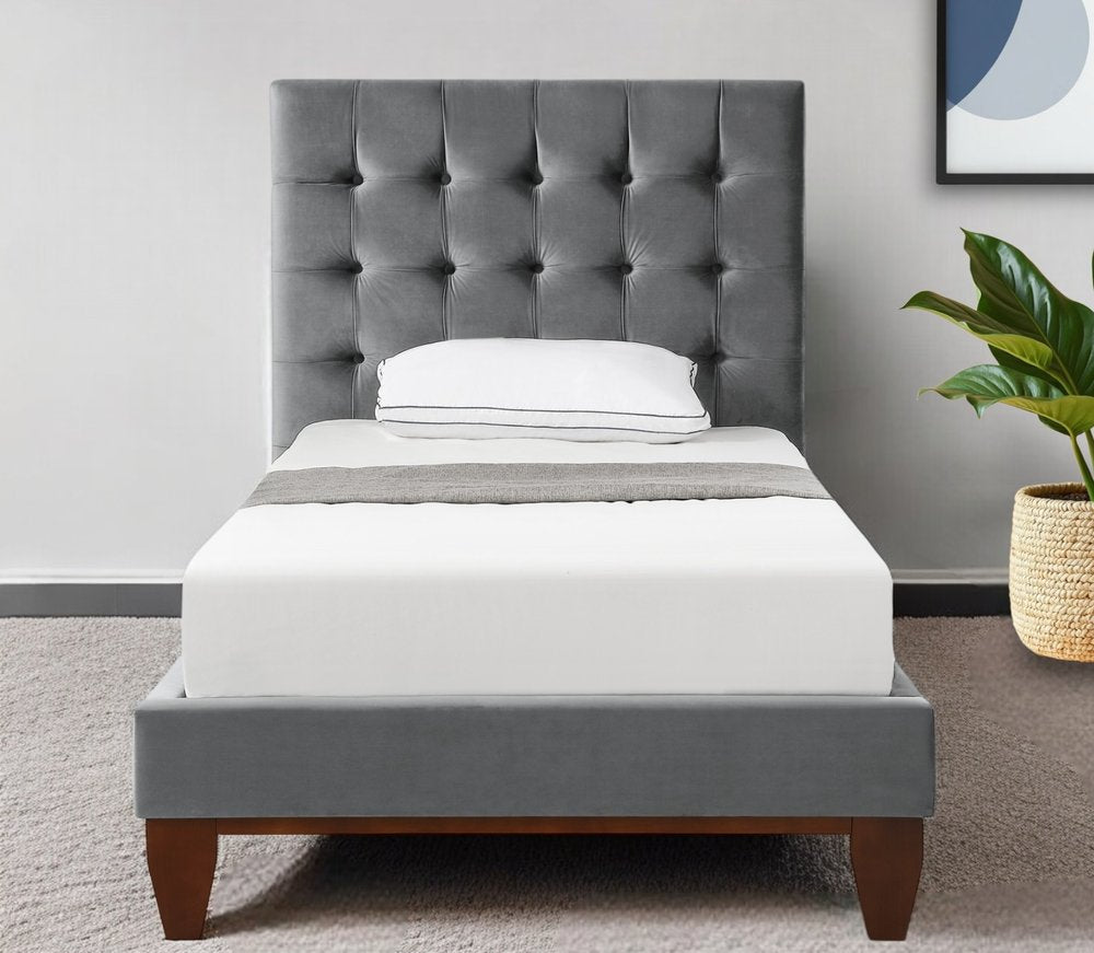 Gray Solid Wood King Tufted Upholstered Velvet Bed