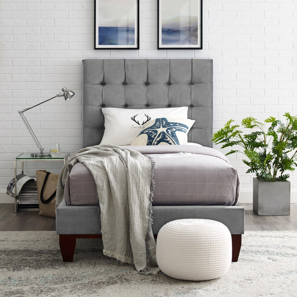 Gray Solid Wood King Tufted Upholstered Velvet Bed