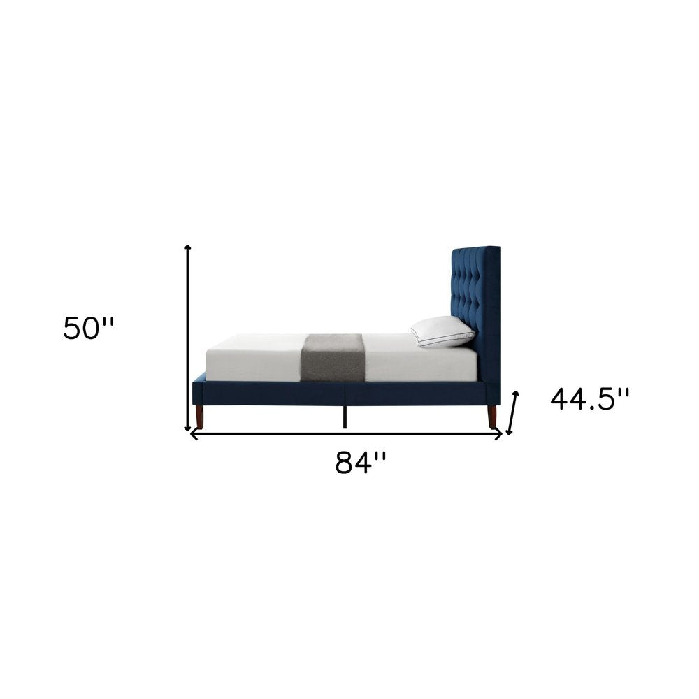 Navy Blue Solid Wood King Tufted Upholstered Velvet Bed