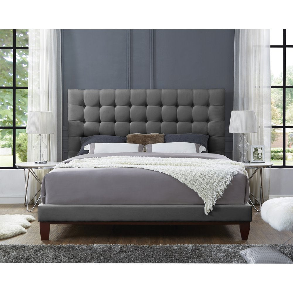 Gray Solid Wood King Tufted Upholstered Velvet Bed