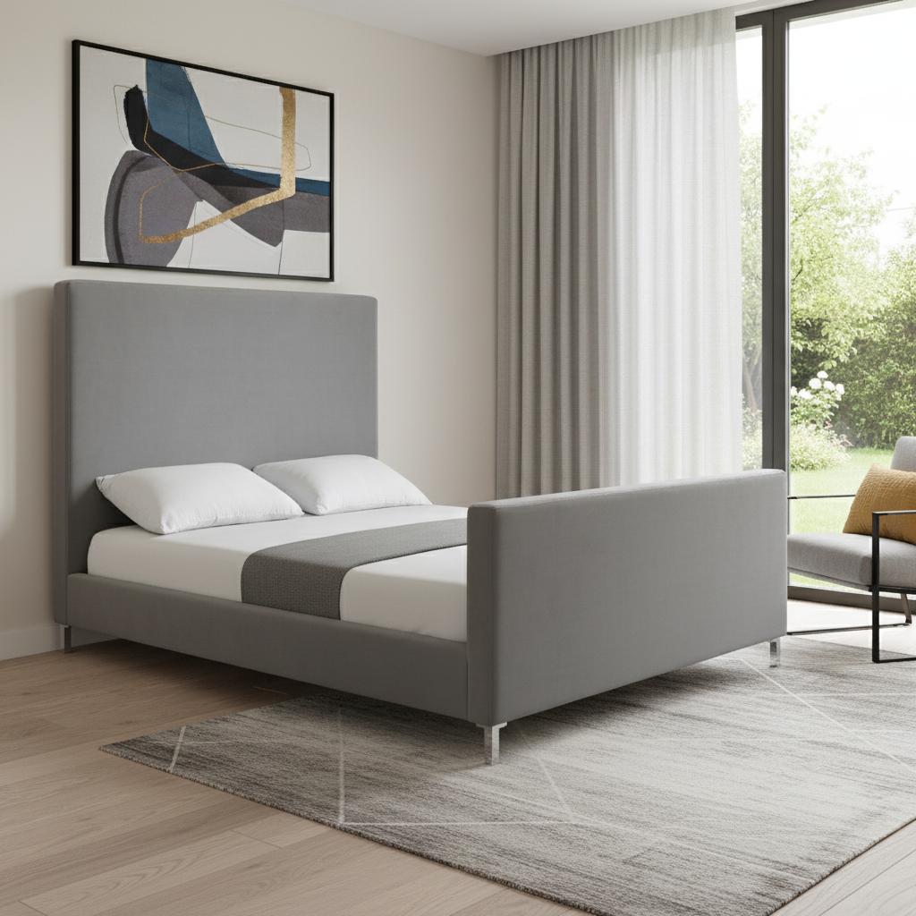 Gray Solid Wood Queen Upholstered Velvet Bed