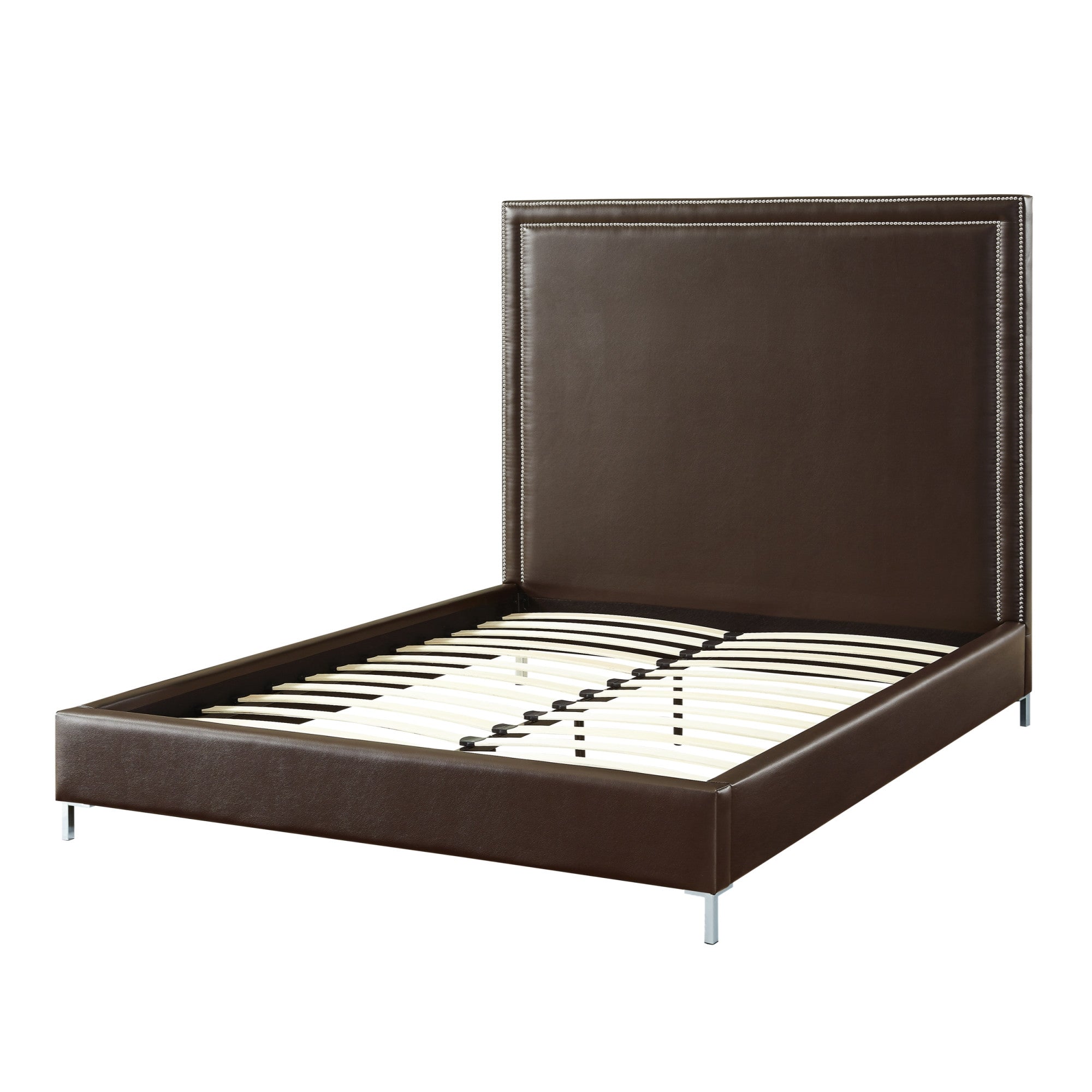 Black Solid Wood Queen Upholstered Faux Leather Bed with Nailhead Trim