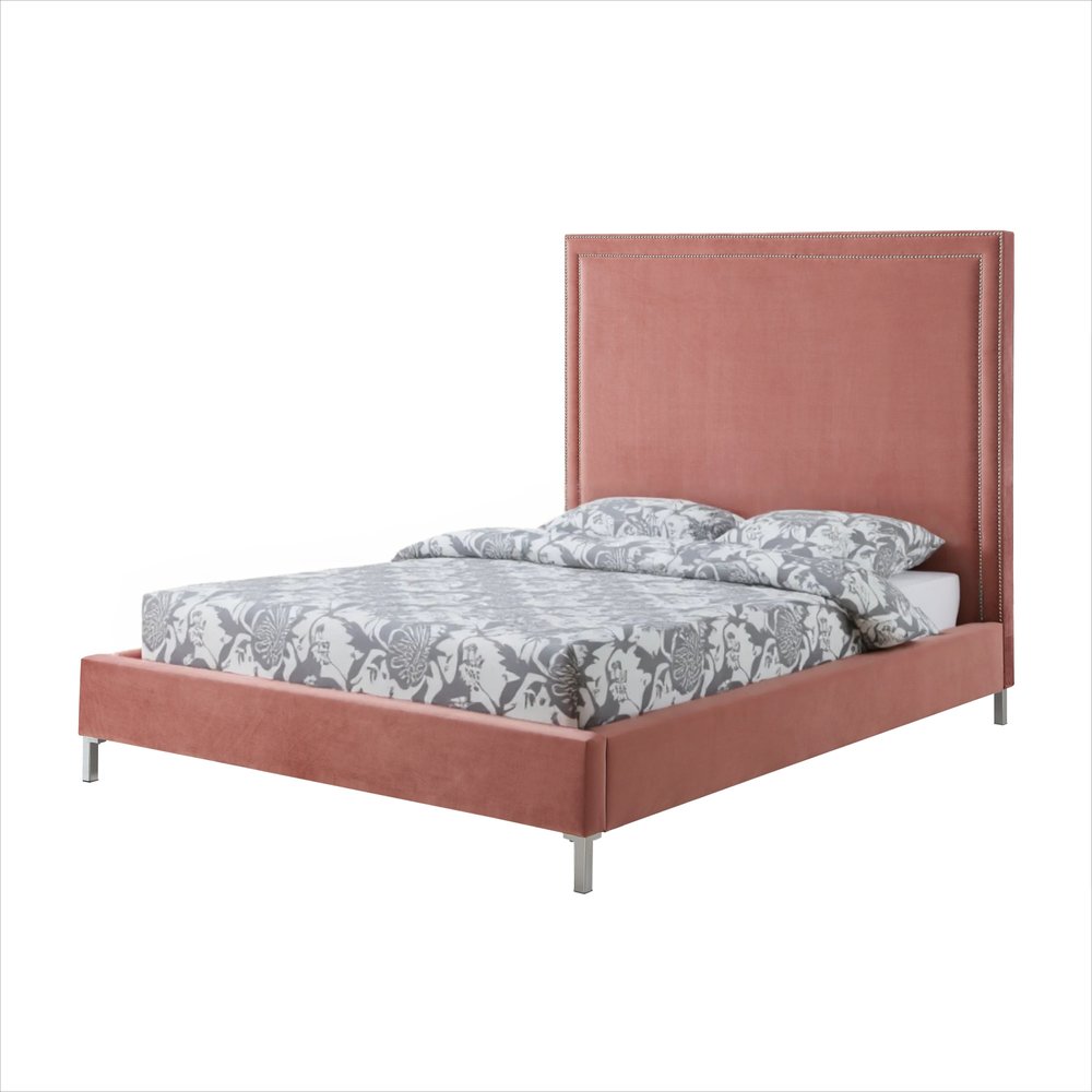 Navy Blue Solid Wood King Upholstered Velvet Bed with Nailhead Trim