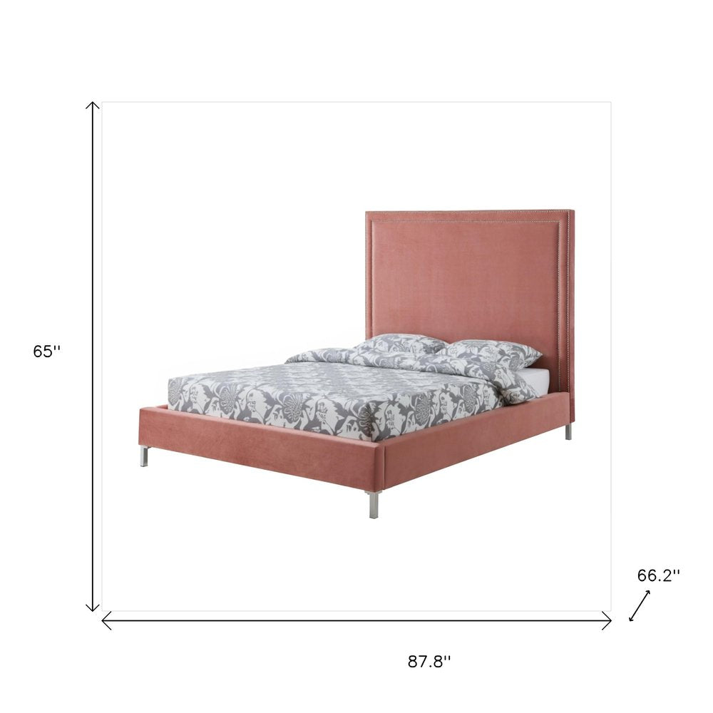 Blush Solid Wood Queen Upholstered Velvet Bed with Nailhead Trim