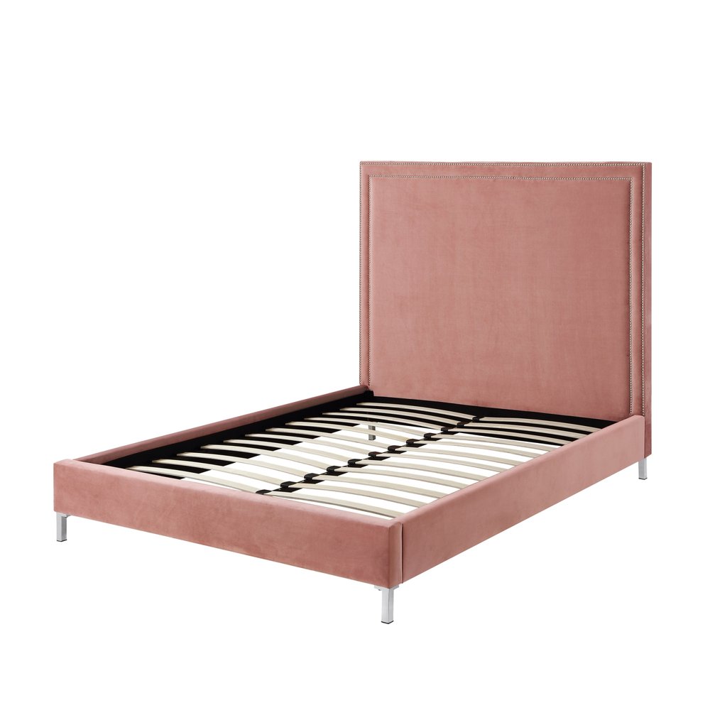 Navy Blue Solid Wood King Upholstered Velvet Bed with Nailhead Trim